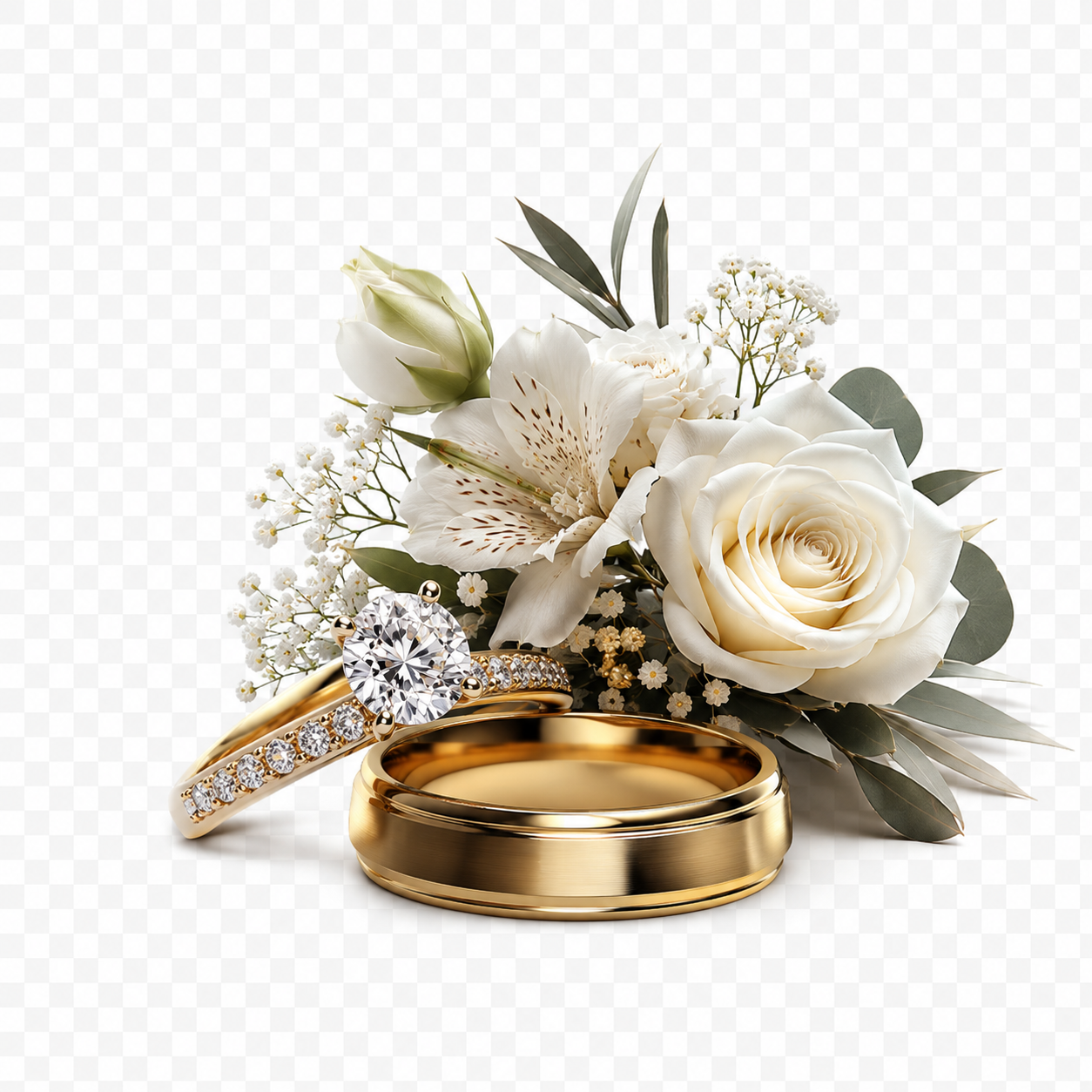 Anneaux de mariage et bouquet élégant