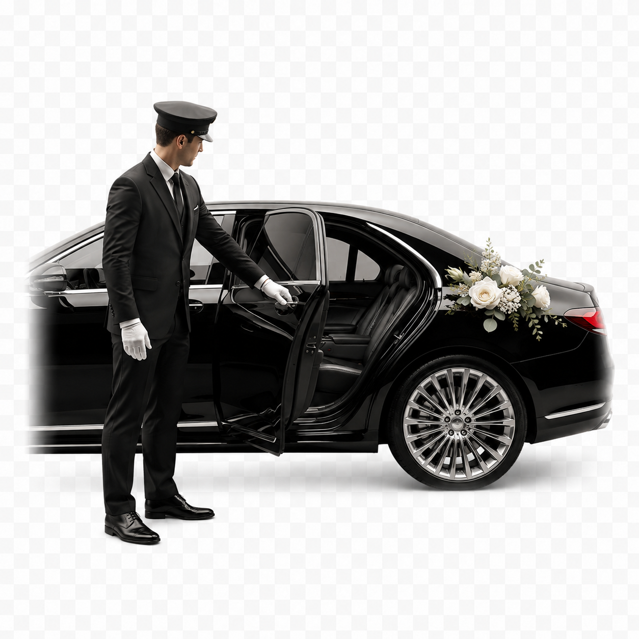Chauffeur élégant avec voiture de luxe