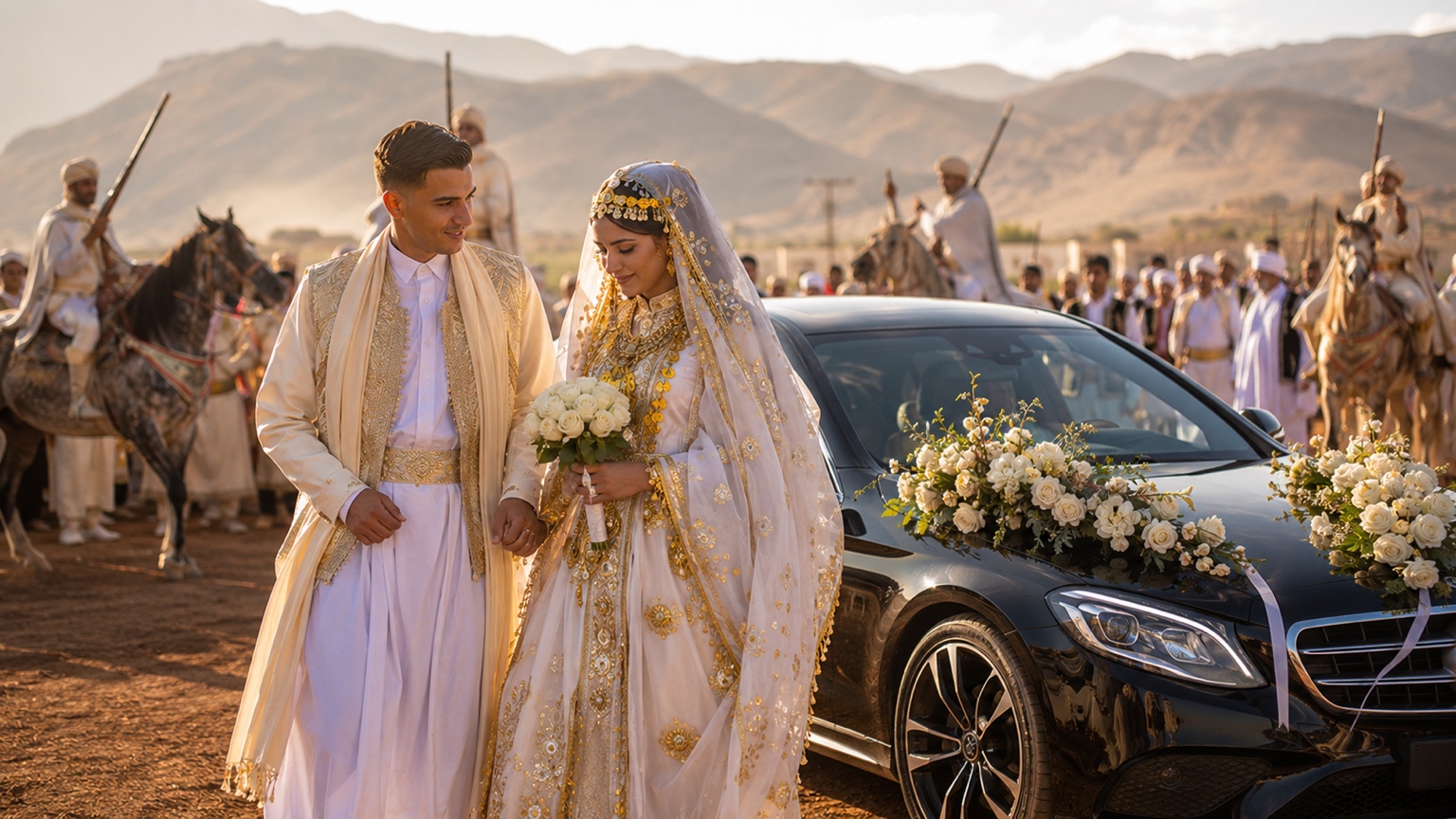Mariés en tenue élégante près d’une Mercedes décorée