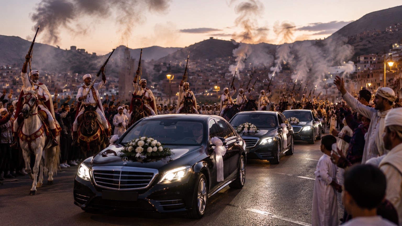 Cortège Mercedes au crépuscule avec ambiance de mariage