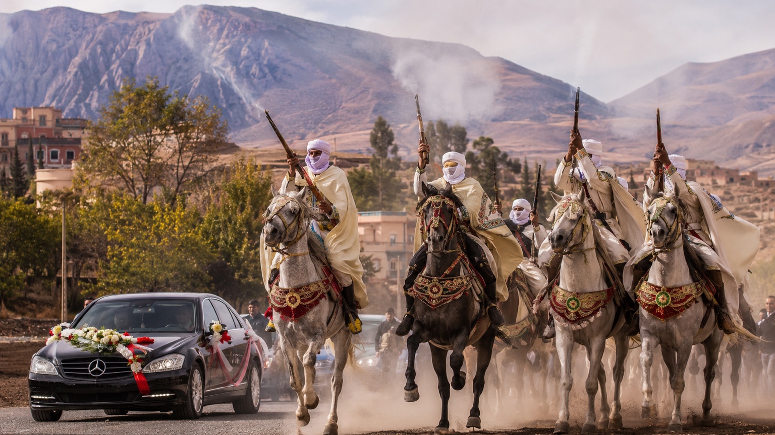 Chevaux, baroud et Mercedes lors d’un mariage
